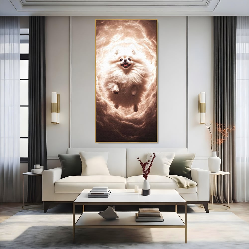 Tablou canvas cu tablou canvas cu caine pomeranian pufos, in rama de aluminiu auriu, pe perete intr-un living
